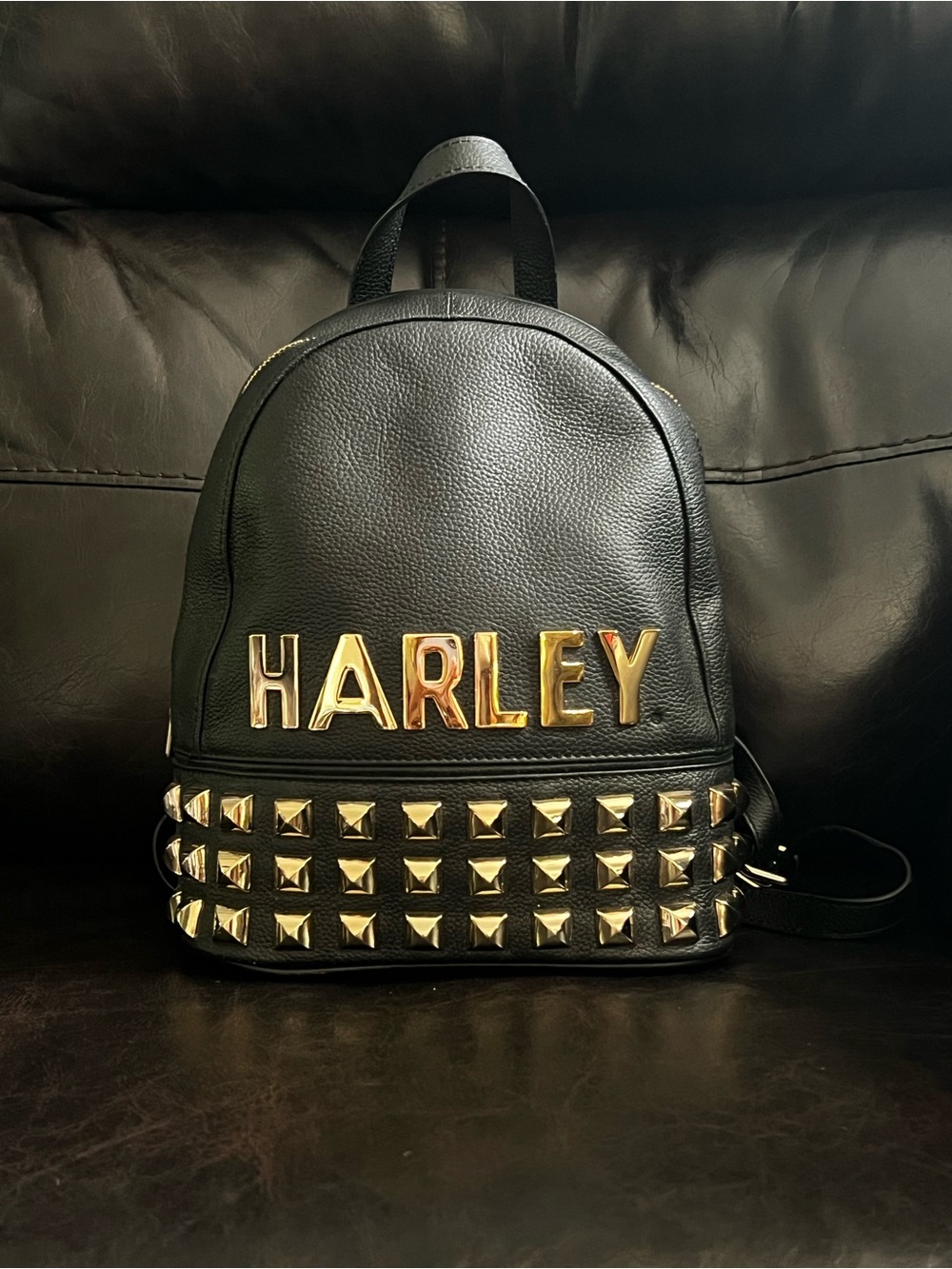 Harley-Davidson Black Mini Backpack with Gold Lettering and Studs